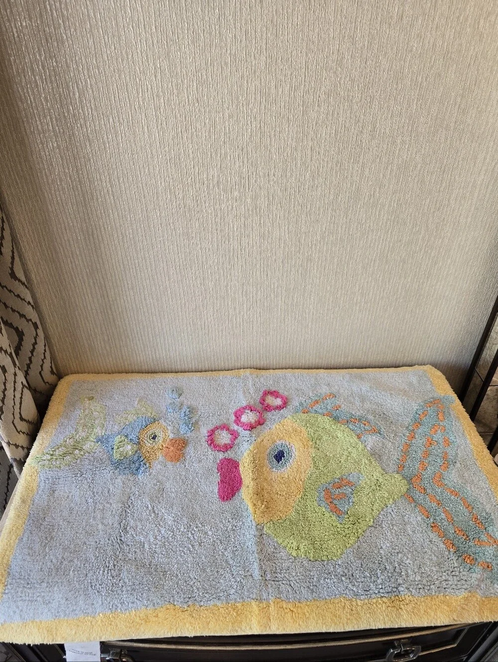 Pottery Barn Kids Fish Embroidered Bath Mat Towel Set in Yellow, Blue & Pink